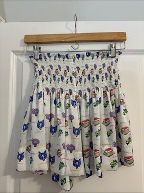 Koch Smocked Mini Skirt with Blue Fox & Multicolor Print